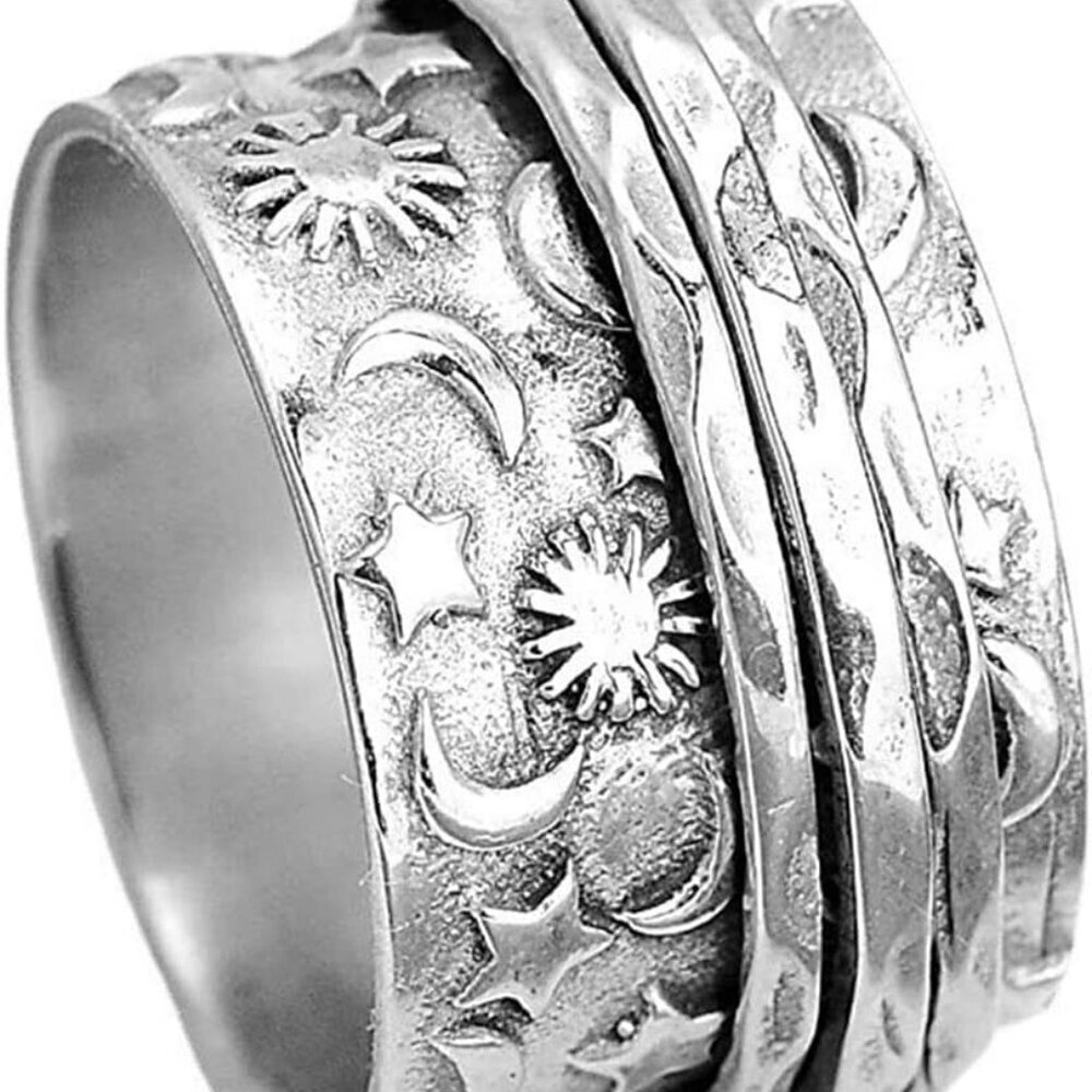 Stainless Steel Hammered Sun Moon Star Rotating Spinner Statement Band Ring